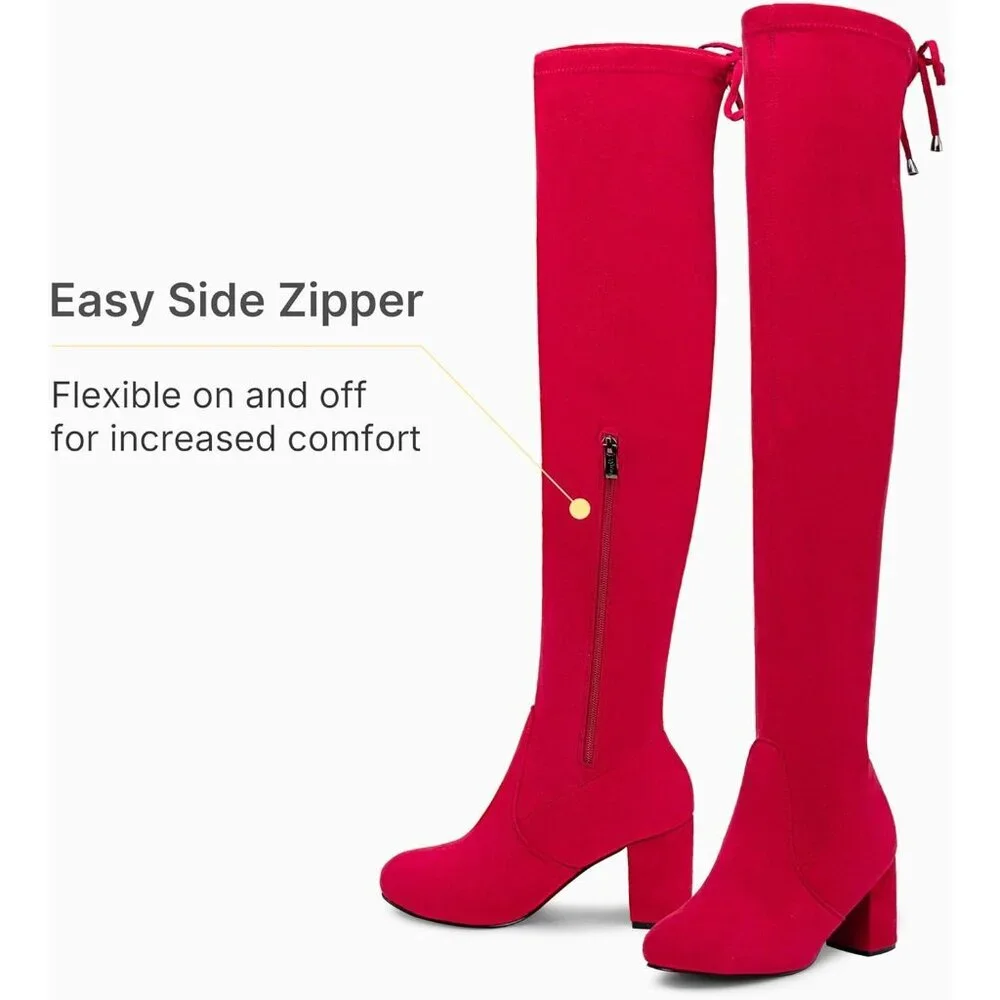 Women's Red Suede Chunky Heels Zipper Over The Knee High Adjustable Opening Boot